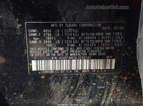 4S4BTANC0L3236543 2020 SUBARU OUTBACK Black Вид підкапотного простору