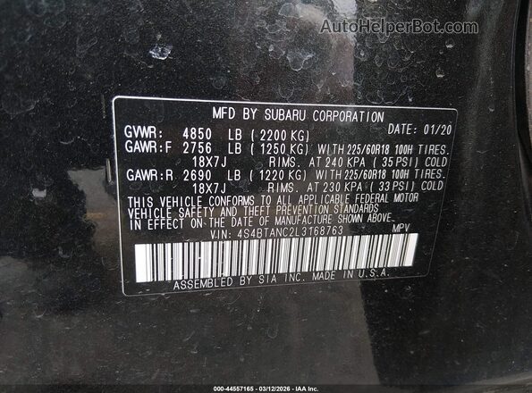 4S4BTANC2L3168763 2020 SUBARU OUTBACK Black Engine compartment view