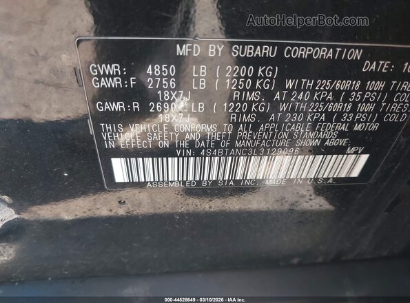 4S4BTANC3L3129096 2020 SUBARU OUTBACK Black Շարժիչի բաժամունքի տեսք