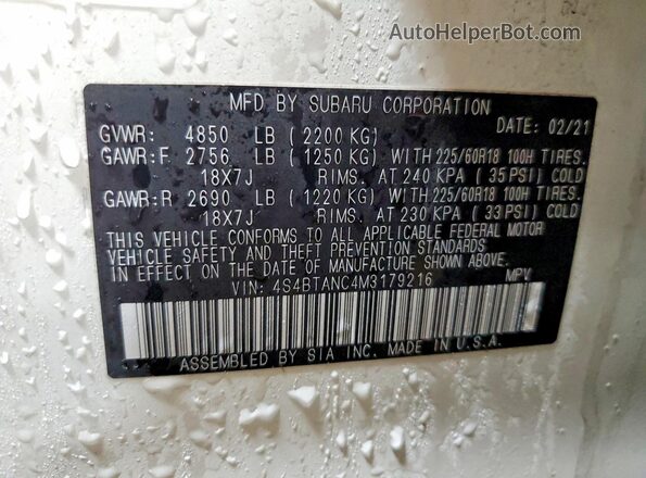 4S4BTANC4M3179216 2021 SUBARU OUTBACK White VIN sticker view