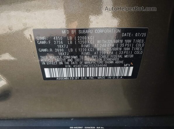 4S4BTANC5S3294646 2025 SUBARU OUTBACK Green ძრავის განყოფილების ხედი