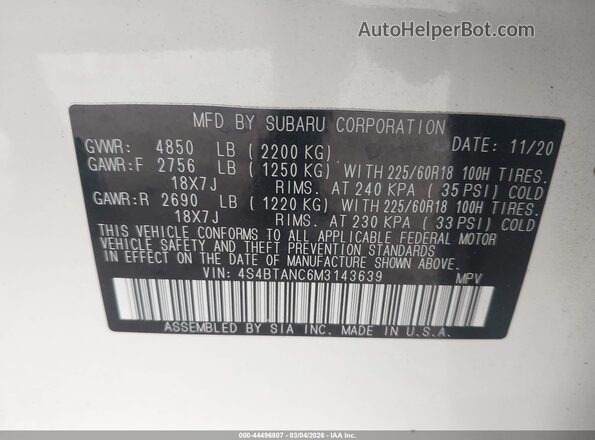 4S4BTANC6M3143639 2021 SUBARU OUTBACK White Vista del compartimento del motor