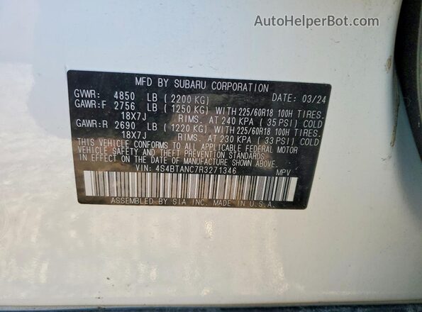4S4BTANC7R3271346 2024 SUBARU OUTBACK White Widok naklejki z numerem VIN