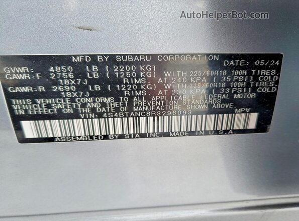 4S4BTANC8R3296093 2024 SUBARU OUTBACK Silver Vista interior de 360 grados