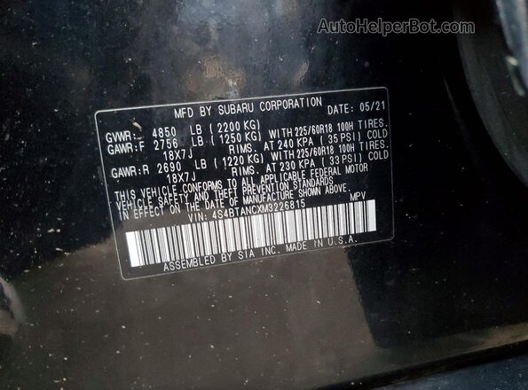 4S4BTANCXM3226815 2021 SUBARU OUTBACK Black 