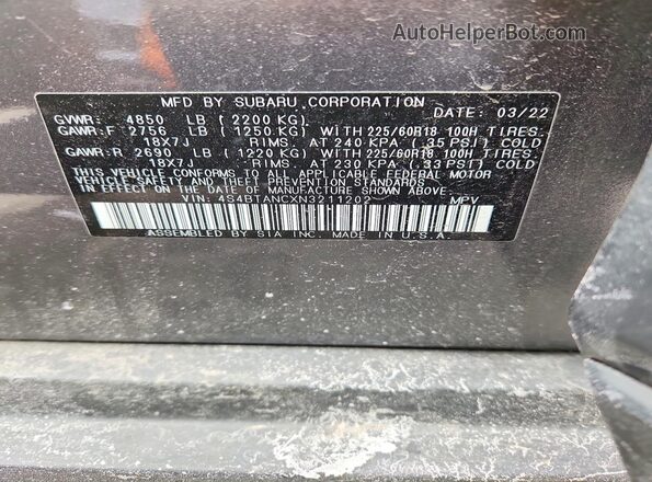 4S4BTANCXN3211202 2022 SUBARU OUTBACK Charcoal VIN sticker view