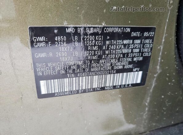 4S4BTANCXN3252154 2022 SUBARU OUTBACK Green VIN sticker view