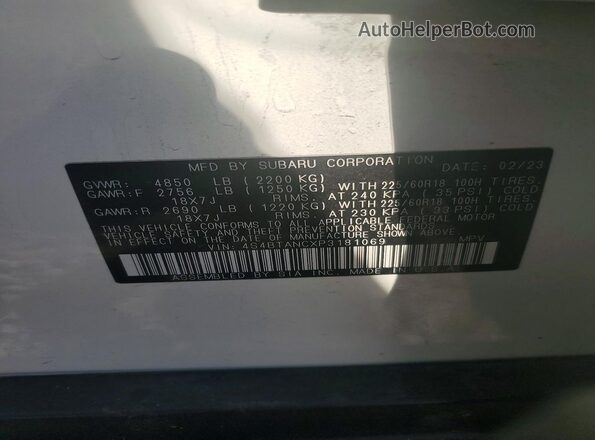 4S4BTANCXP3181069 2023 SUBARU OUTBACK White VIN sticker view