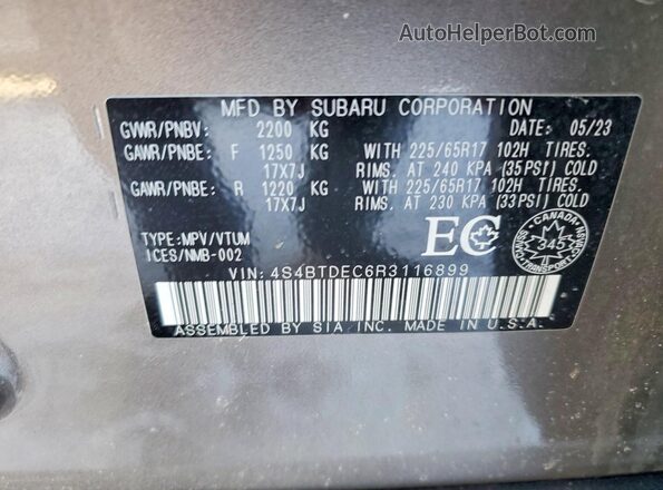 4S4BTDEC6R3116899 2024 SUBARU OUTBACK Gray Engine compartment view