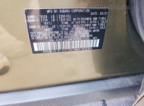4S4BTGLD7M3182660 2021 SUBARU OUTBACK Green Սալոնի 360 աստիճան տեսք
