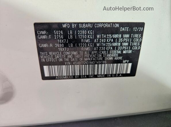 4S4BTGND9M3149186 2021 SUBARU OUTBACK White 