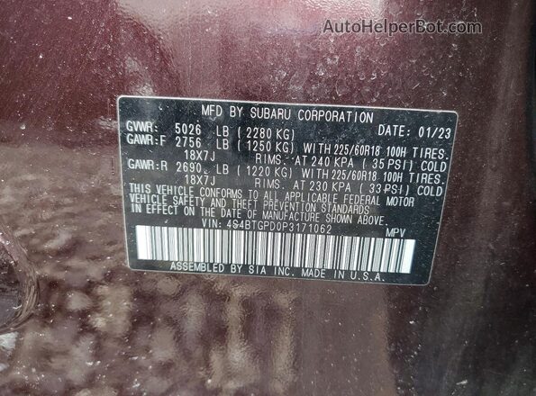 4S4BTGPD0P3171062 2023 SUBARU OUTBACK Burgundy Vista del compartimento del motor