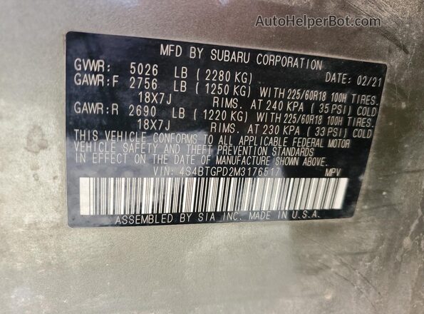 4S4BTGPD2M3176517 2021 SUBARU OUTBACK Зеленый Вид наклейки с VIN-кодом