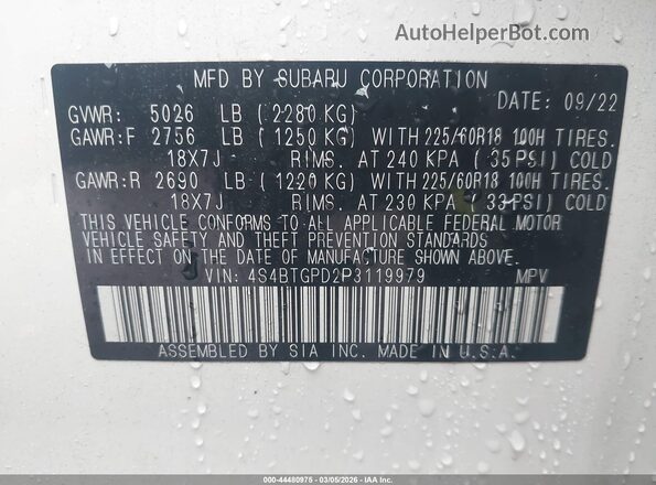 4S4BTGPD2P3119979 2023 SUBARU OUTBACK White 