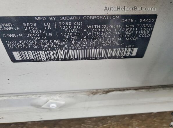 4S4BTGPD9P3223109 2023 SUBARU OUTBACK White VIN կոդի պիտակի տեսք