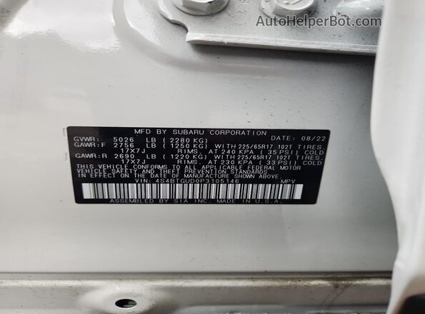 4S4BTGUD0P3105146 2023 SUBARU OUTBACK White Widok naklejki z numerem VIN