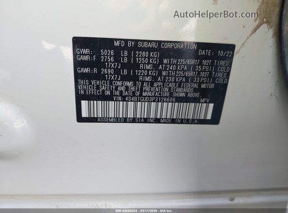 4S4BTGUD3P3126606 2023 SUBARU OUTBACK White Widok komory silnika