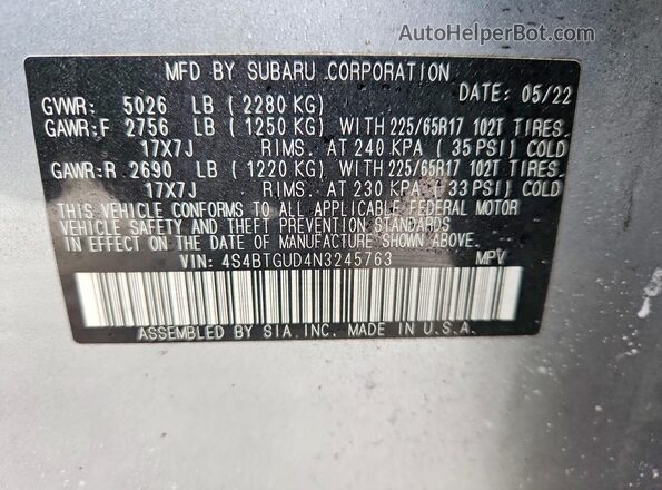 4S4BTGUD4N3245763 2022 SUBARU OUTBACK Silver Vista de la etiqueta del VIN