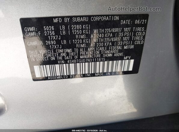 4S4BTGUD7N3111815 2022 SUBARU OUTBACK Gray 