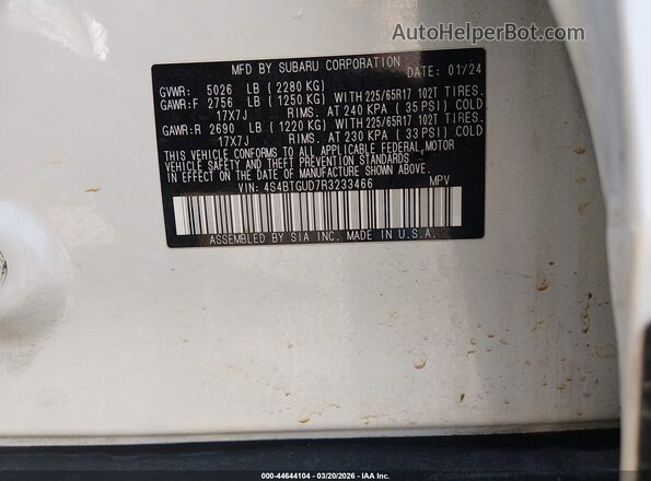 4S4BTGUD7R3233466 2024 SUBARU OUTBACK Белый Вид подкапотного пространства