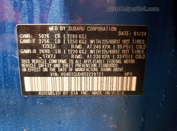 4S4BTGUD8R3229121 2024 SUBARU OUTBACK Blue 