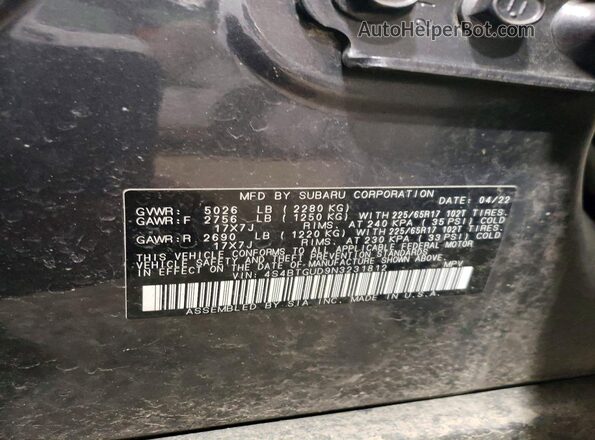 4S4BTGUD9N3231812 2022 SUBARU OUTBACK Charcoal Vista del compartimento del motor