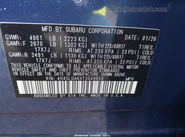 4S4SLDA6XT3049859 2026 SUBARU FORESTER Blue Շարժիչի բաժամունքի տեսք