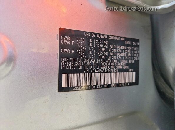 4S4WMAAD1K3475935 2019 SUBARU ASCENT Серебряный 