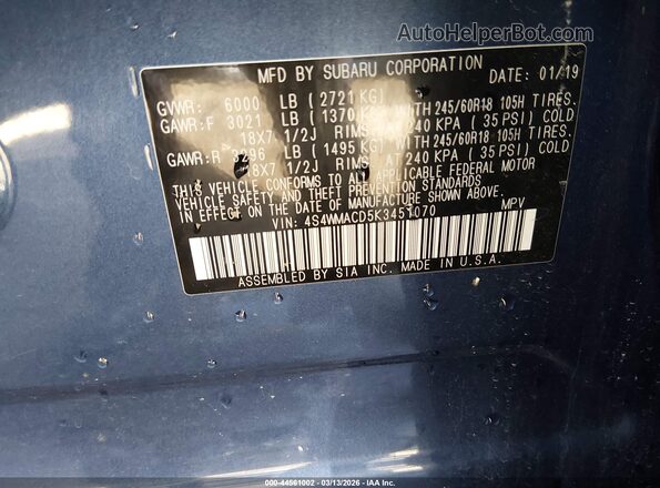 4S4WMACD5K3451070 2019 SUBARU ASCENT Dark Blue Вид подкапотного пространства