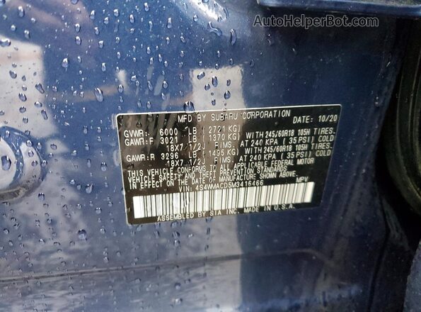 4S4WMACD5M3416466 2021 SUBARU ASCENT Blue Панорамний вид салону 360°