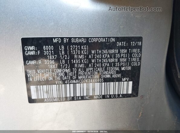4S4WMACD7K3446405 2019 SUBARU ASCENT Серебряный 