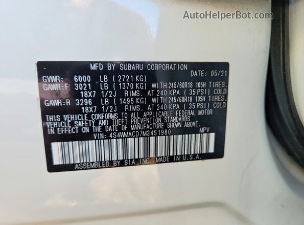 4S4WMACD7M3451980 2021 SUBARU ASCENT White Vista del compartimento del motor