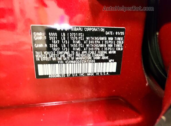 4S4WMADD0S3412000 2025 SUBARU ASCENT Красный Панорамный вид салона 360°