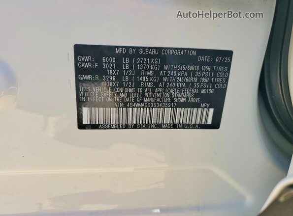 4S4WMADD3S3435917 2025 SUBARU ASCENT White Widok wnętrza 360 stopni