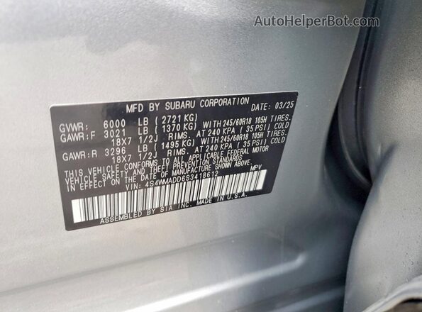 4S4WMADD6S3418612 2025 SUBARU ASCENT Silver VIN კოდის სტიკერის ხედი