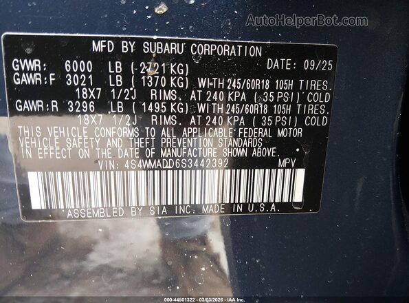 4S4WMADD6S3442392 2025 SUBARU ASCENT Blue Շարժիչի բաժամունքի տեսք