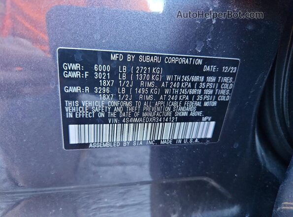 4S4WMAEDXR3414121 2024 SUBARU ASCENT Charcoal VIN კოდის სტიკერის ხედი