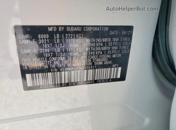 4S4WMAFD0M3456921 2021 SUBARU ASCENT White VIN sticker view