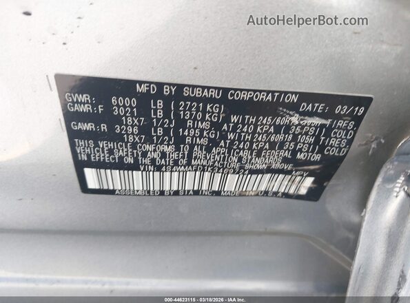 4S4WMAFD1K3469724 2019 SUBARU ASCENT Серебряный 