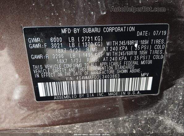 4S4WMAFD2L3403863 2020 SUBARU ASCENT Brown Вид підкапотного простору