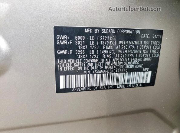 4S4WMAFD5K3475560 2019 SUBARU ASCENT Бежевый 