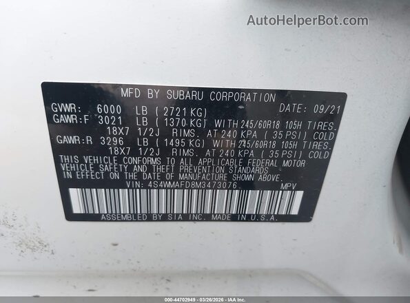 4S4WMAFD8M3473076 2021 SUBARU ASCENT White Вид підкапотного простору