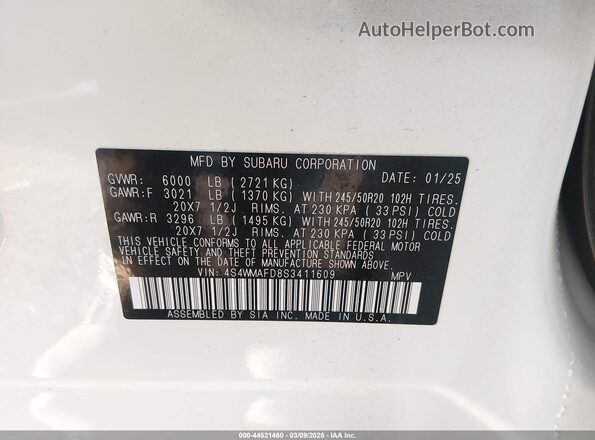 4S4WMAFD8S3411609 2025 SUBARU ASCENT White ძრავის განყოფილების ხედი