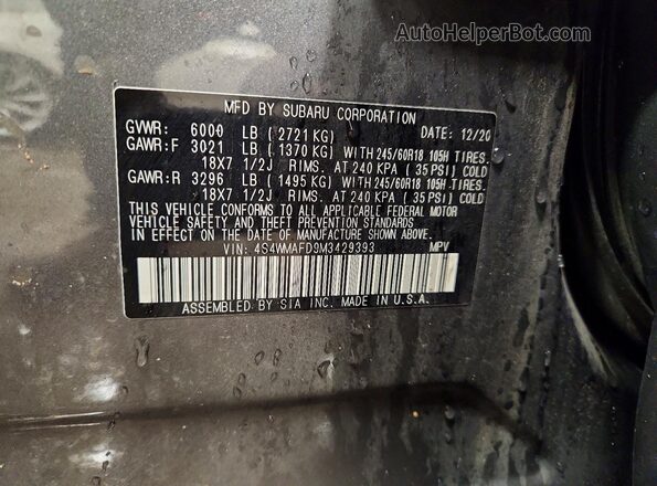 4S4WMAFD9M3429393 2021 SUBARU ASCENT Black Widok naklejki z numerem VIN