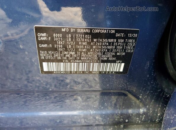 4S4WMAFDXM3429192 2021 SUBARU ASCENT Blue VIN sticker view
