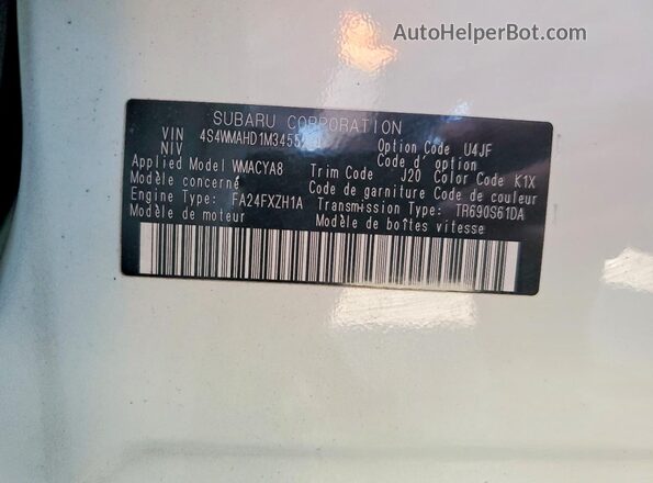 4S4WMAHD1M3455239 2021 SUBARU ASCENT Белый Панорамный вид салона 360°