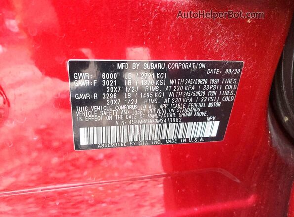 4S4WMAHD9M3413983 2021 SUBARU ASCENT Red VIN კოდის სტიკერის ხედი