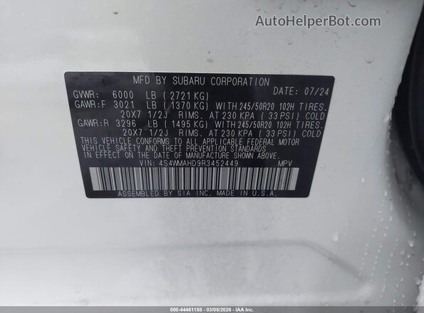 4S4WMAHD9R3452449 2024 SUBARU ASCENT White Widok komory silnika