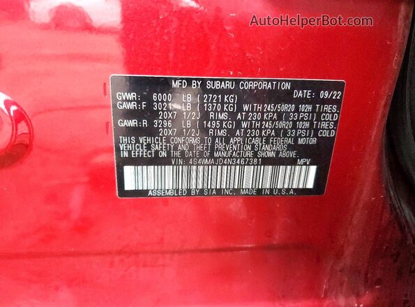 4S4WMAJD4N3467381 2022 SUBARU ASCENT Red Vista de la etiqueta del VIN