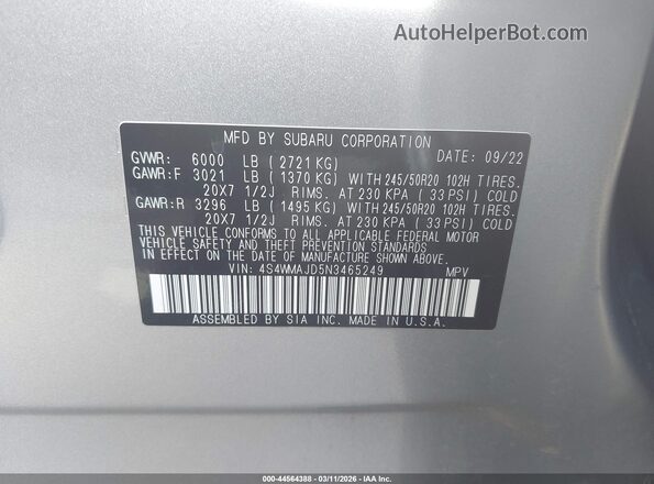 4S4WMAJD5N3465249 2022 SUBARU ASCENT Silver ძრავის განყოფილების ხედი